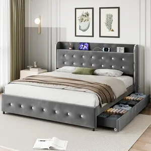 【Christmas Gift】103 Queen Bed Frame with Storage Headboard and Charging Station Velvet Upholstered Queen Platform Bed Frame with 4 Drawers and Wooden Slat Support Noise Grey