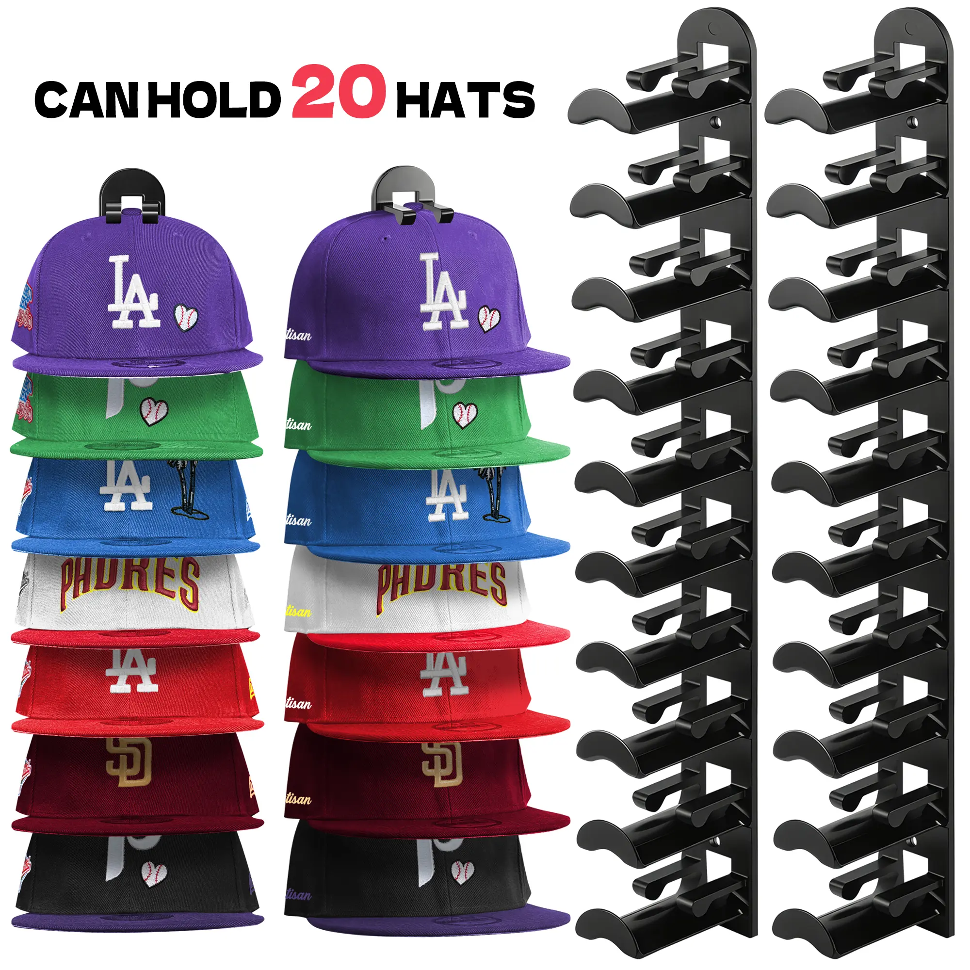 2 Pack Hat Rack on Wall Hat Organizer for Baseball Caps Holds up to 20 Hats with Strong Adhesive and Nail Space-Saving Wall-Mounted Hat Storage Organizer for Closet Door and Bedroom Hat Hangers for Wall Multilayer Display Hat Holder for Men Cap Organizer