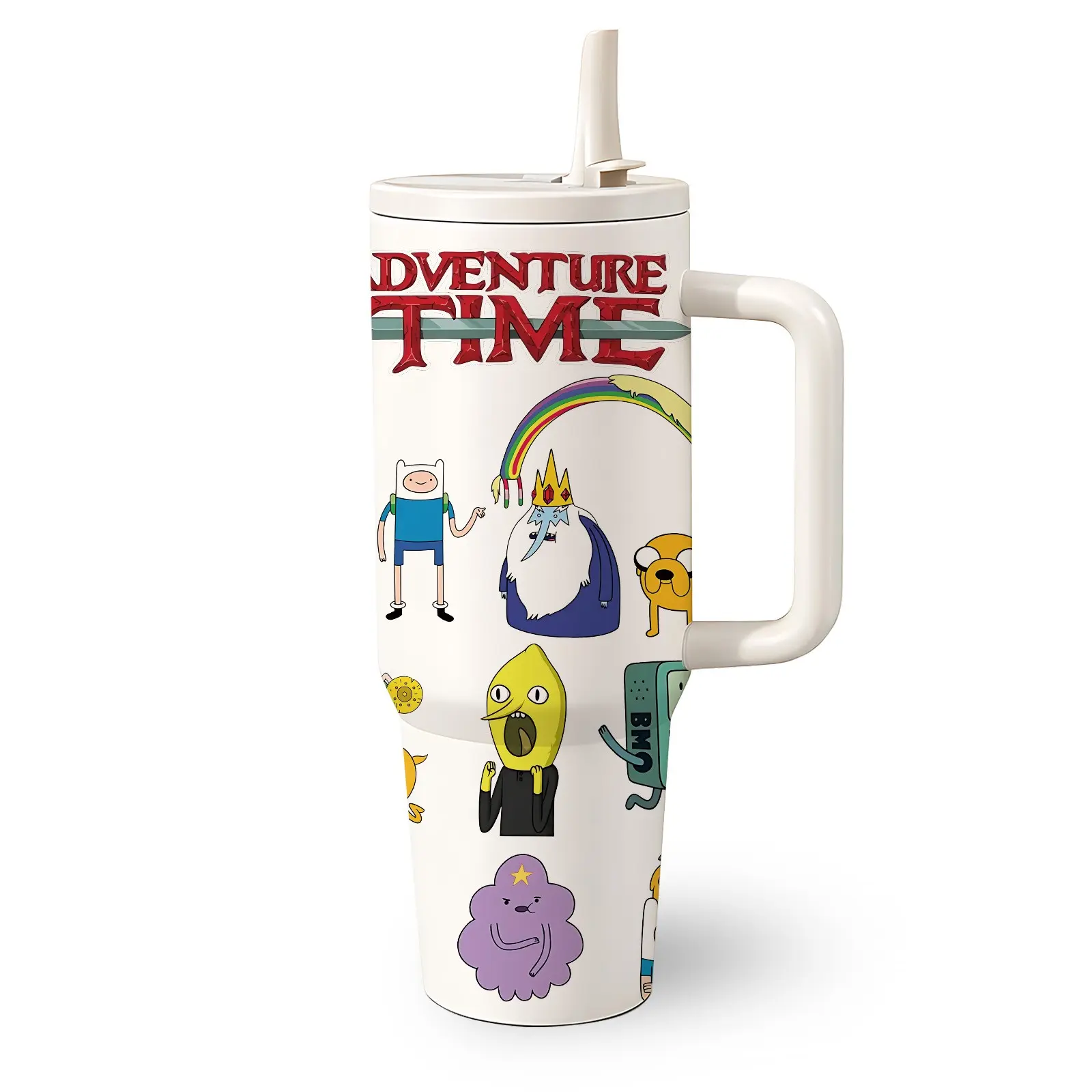 1 Pc 40 Oz Stainless Steel Water Cup, Flasks With Handle And Foldable Straw, Adventure Time Rainbow Illustration Design, Double Wall Insulated Thermal Mug, Hot 12H/ Cold 24H, Great For Commuting, Holiday Gift For Friends, Family And Cartoon Fans