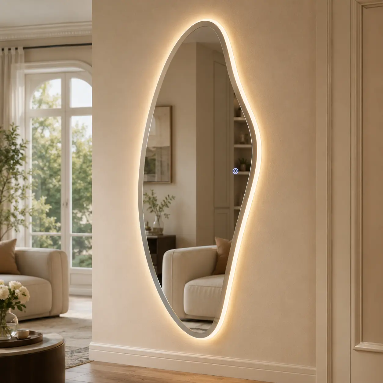 65" x 25" Irregular LED Full Length Mirror, Unique Shape Wall Mounted Full Body Mirror with 3 Color Lighting, Touch Control Dimmable Lighted Mirror for Bedroom, Closet and Modern Home Decor