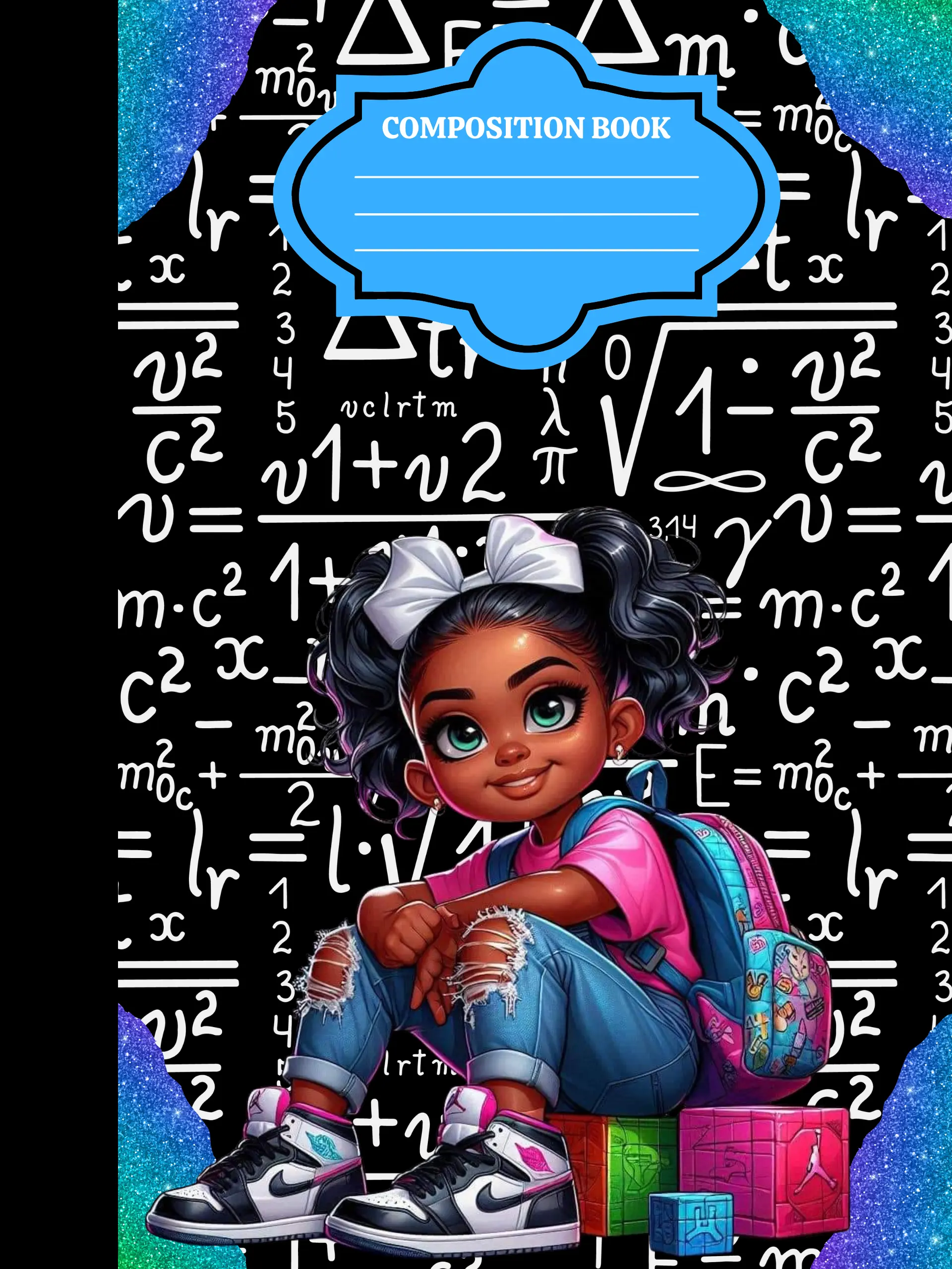 Back to School Composition Notebooks Math Equations Design with Girl Character & Backpack Theme Classic Wide Ruled Paper 80 Sheets 7.5x9.75in Student Friendly Features