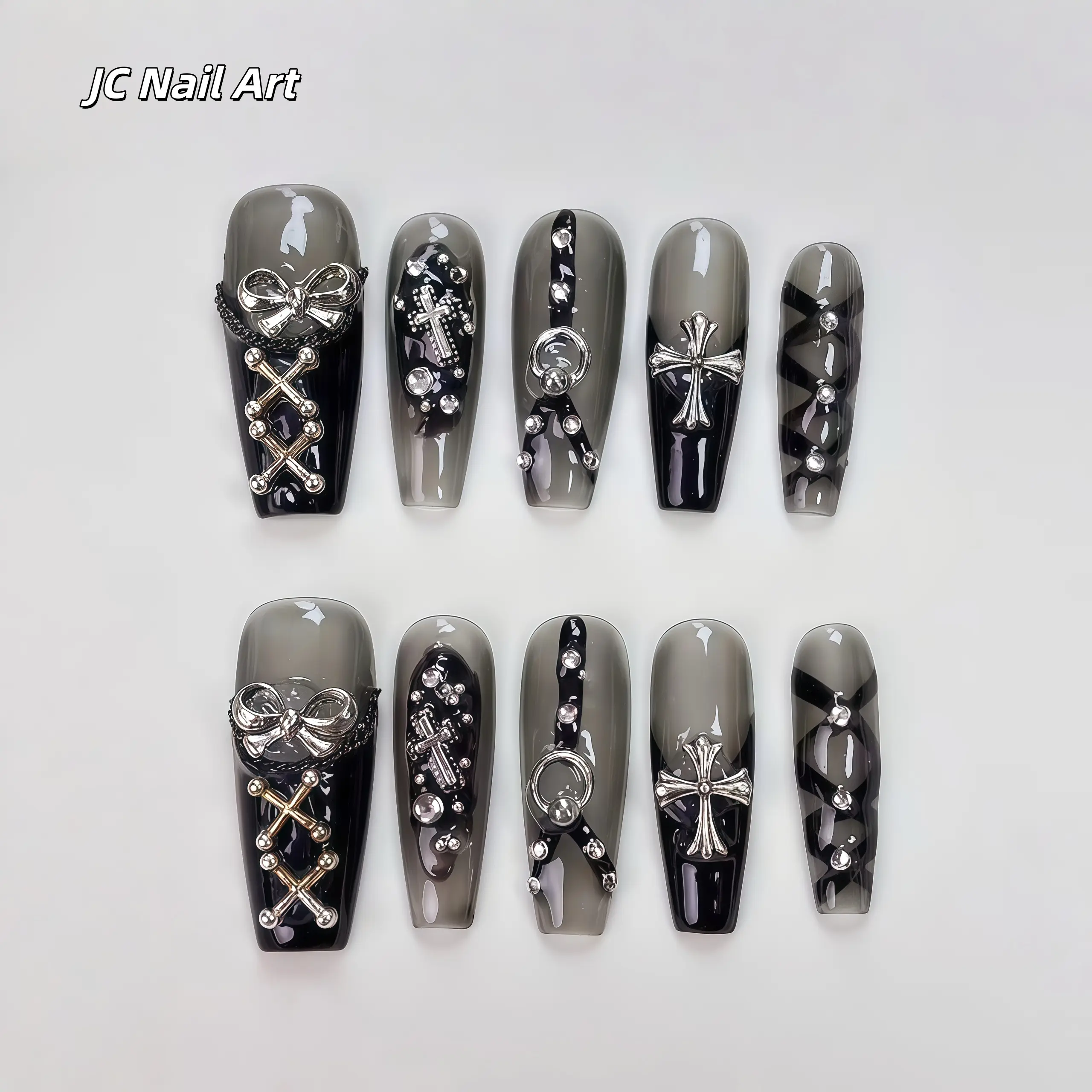 JC Press-On Nails Kit, Reusable Dark Retro Punk Style False Nails with Bling Rhinestone & Diamond Accents