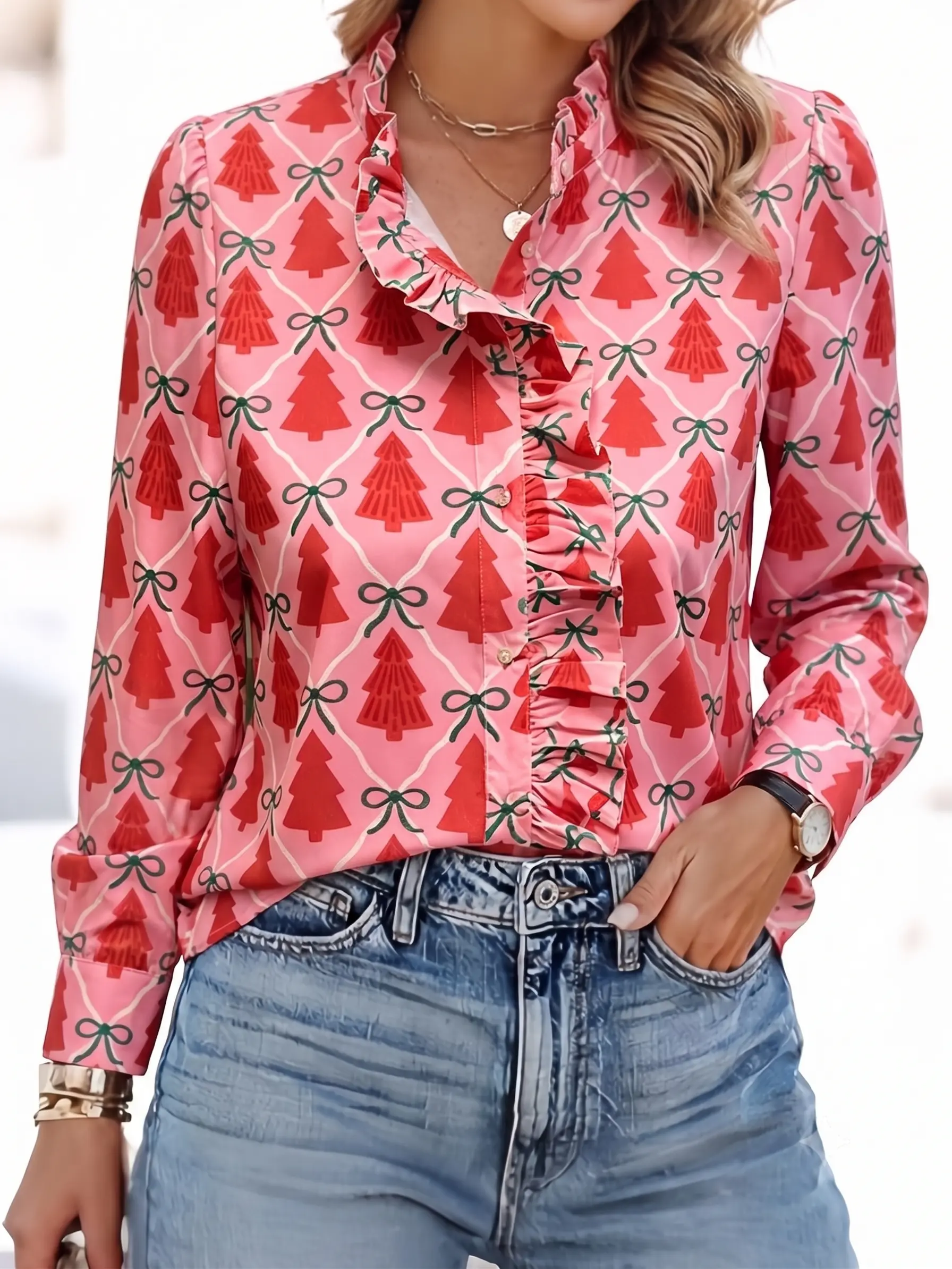Women's Aesthetic Coquette Pink Ruffle Long Sleeve Christmas Blouse - Cute Casual Button-Front Tree Print Top, Chic Petal Festive Driving/OOTD Must-Have, Collared Cuffed Neck Machine Washable Blouses & Shirts