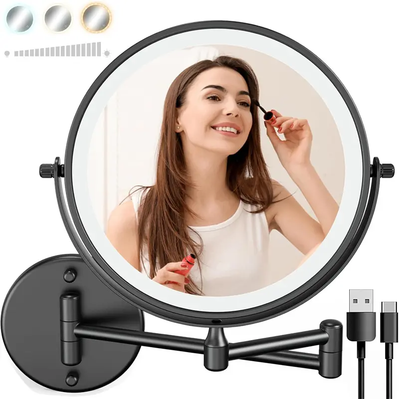 Chrome Rechargeable Wall-Mounted LED Makeup Mirror - 8in Double-Sided Vanity Mirror with 1X/10X Magnification, 3 Color Touch-Screen Dimmable Lights, 360° Swivel, 13in Extendable, Golden Room Decor, Friend Gift, Easy Installation with Screws, Adjustable