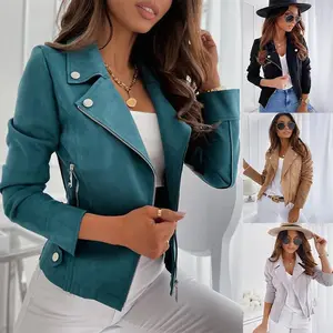 EuropeanandAmericancross-borderforeigntradeautumnandwinterwomen'sleathersuedezipperbuttondecorationslimcasualjacketinstockGift