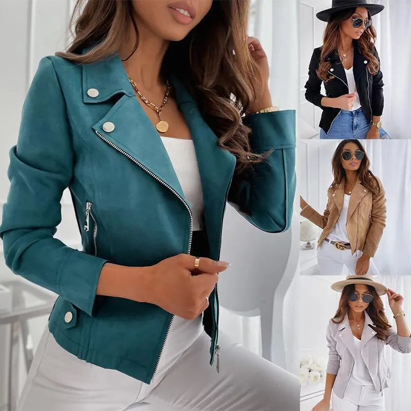 EuropeanandAmericancross-borderforeigntradeautumnandwinterwomen'sleathersuedezipperbuttondecorationslimcasualjacketinstockGift
