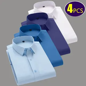 4-Pack Men's Slim-Fit Solid Color Dress Shirt, Heavy Long Sleeve Button Formal Business Casual Shirt, Elegant Black and White, Four Seasons Anti-Wrinkle Shirt, Perfect for Work, Wedding Parties - Ideal Gift for Men (Married, Single Formal Events) - Versat