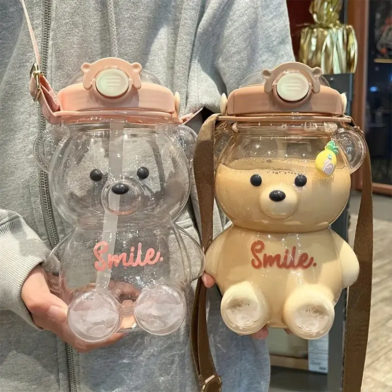 1000ml Large Capacity Cute Bear Water Bottle 2 in 1 Straw Cup for Girls Children BPA Free Leakproof for School Sports Gift