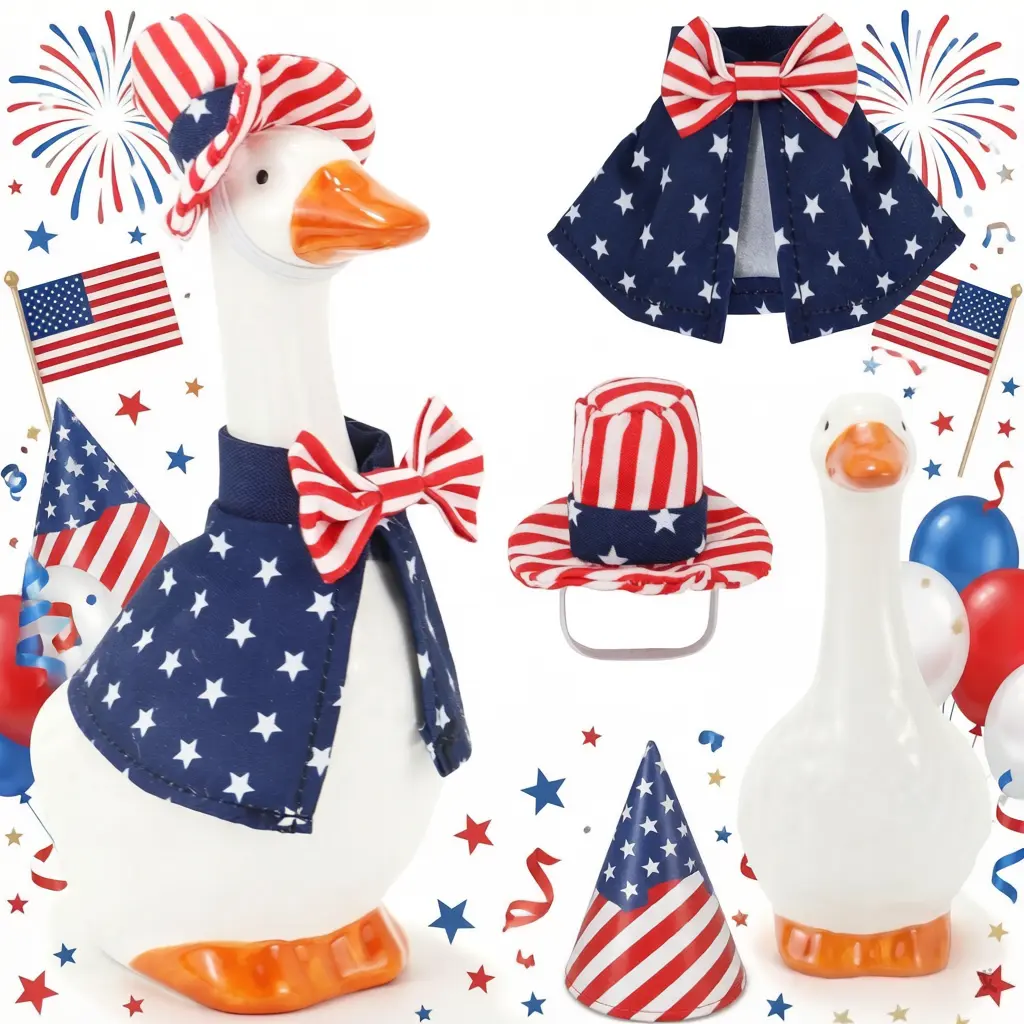 7" Ceramic Desk Goose Statue - Patriotic Top Hat & Stars Outfit, Decorative 7" Table Centerpiece, Interior Ornaments, Collectible, DIY Gift for Home Office, Patriotic 4th Decor
