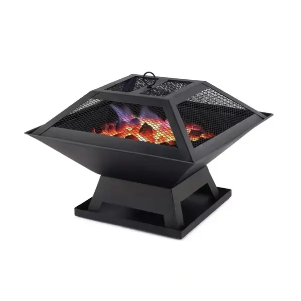 Square Shape Iron Frame Fire Pit - Portable Small Wood Burning Bowl with Mesh Lid, Easy Setup Outdoor Heating/BBQ for Backyard Patio Camping Bonfire Parties (Home Improvement Garden Patio Supplies)