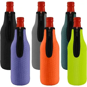 Beer Bottle Insulator Sleeves 6 Pack 16oz to 18oz Glass Beer Bottle Neoprene Cooler Covers Non-slip Thick Jacket Cooler Drink Holder with Zipper