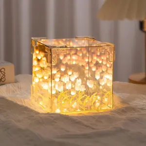 Tulip Night Light,Led Decorative Nights Lamp for Bedroom,Handmade DIY Magic Cube Tulips Flower Table Lamp and Mirror 2 In 1,21 Flowers Mothers Day Gifts,Birthday Gifts for Women and Girl