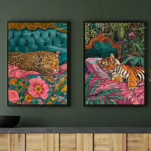 Tiger and Leopard Jungle Print Set 2 – Maximalist Animal Wall Art – Vintage Glam Bedroom Decor – Junglecore Gallery Wall – Dopamine Decor Poster Unframed