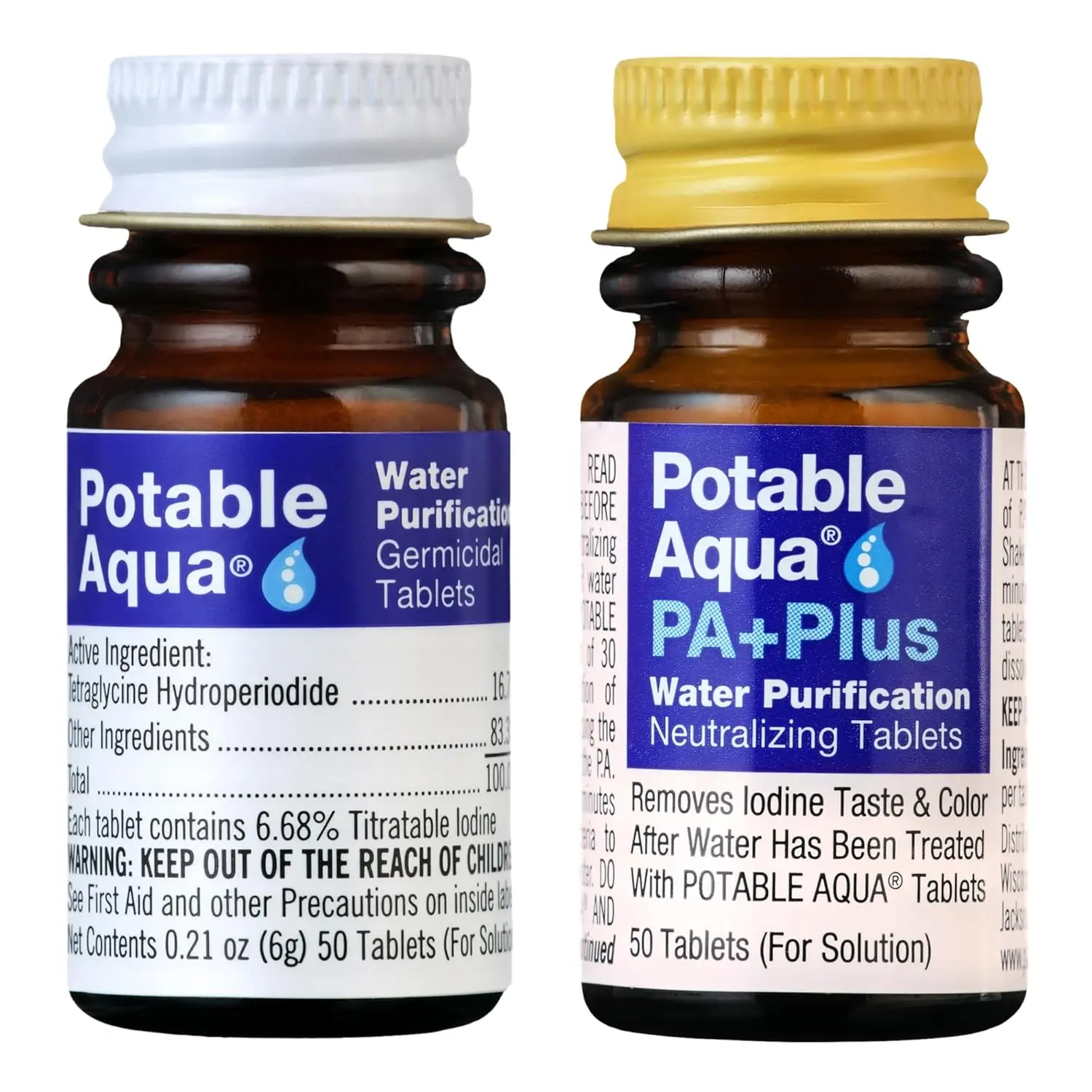 Portable PA Survival Water Purifier Tablets, Camping & Hiking Emergency Solution, 2 x 50-Count Bottles
