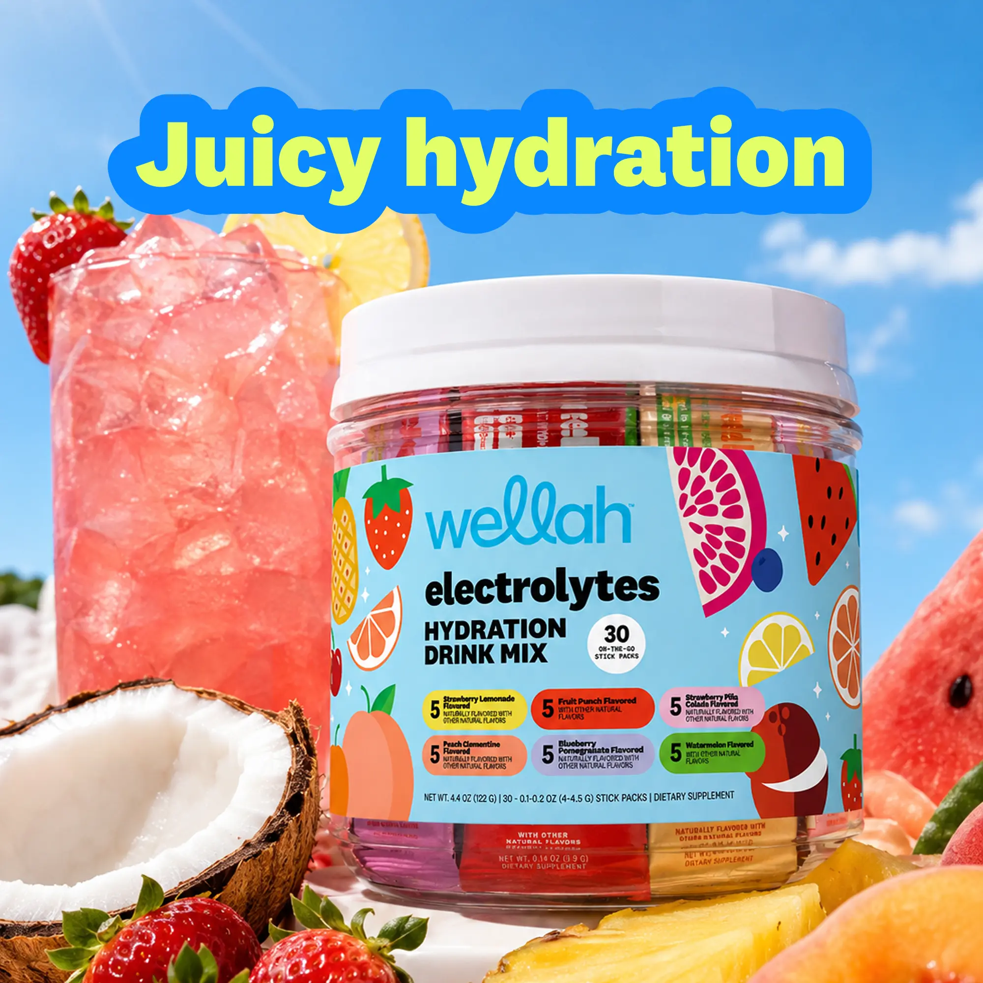 Wellah Electrolytes Variety Stick Packs | Hydration Drink Mix | 30 Stick Packs Clean Fitness Supplement Coconut