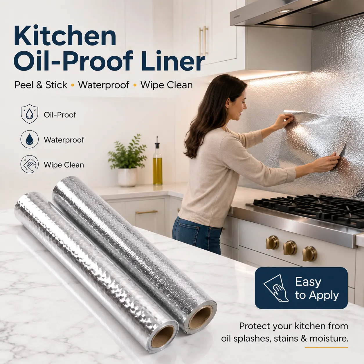 Silver Aluminum Foil Kitchen Backsplash Sticker, Self-Adhesive Peel and Stick Oil-Resistant Wall Covering, Waterproof Wipe-Clean Contact Paper Roll for Stove, Countertop, Cabinet, Shelf & Drawer Liner, 3D Cube Texture