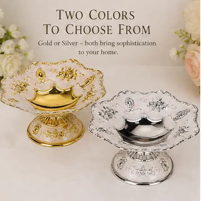 Retro Metal Tableware Pedestal Snack Bowl - Tin Alloy, 2-Tone Gold and Silver Plating, Embossed Floral Design for Serving Snacks, Fruit