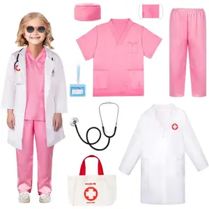 P-CPA017    Doctor Costume for Girls - Kids Scrubs with Lab Coat & Carry Bag, Doctor Dress Up for Halloween, Career Day Role Play