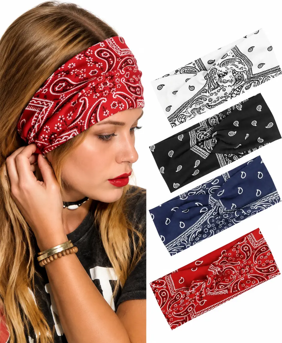 Women's Boho Wide Stretch Knotted Turban Headbands, 4-Pack Elastic Stylish Wrap Hair Accessories, Sports Headbands for Yoga, Running