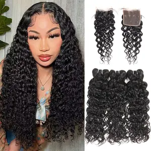 Water Wave Bundles with Closure Human Hair 10A Brazilian Virgin Hair Bundles and Closure 100% Unprocessed Water Wave Human Hair Bundles with 4x4 Lace Closure