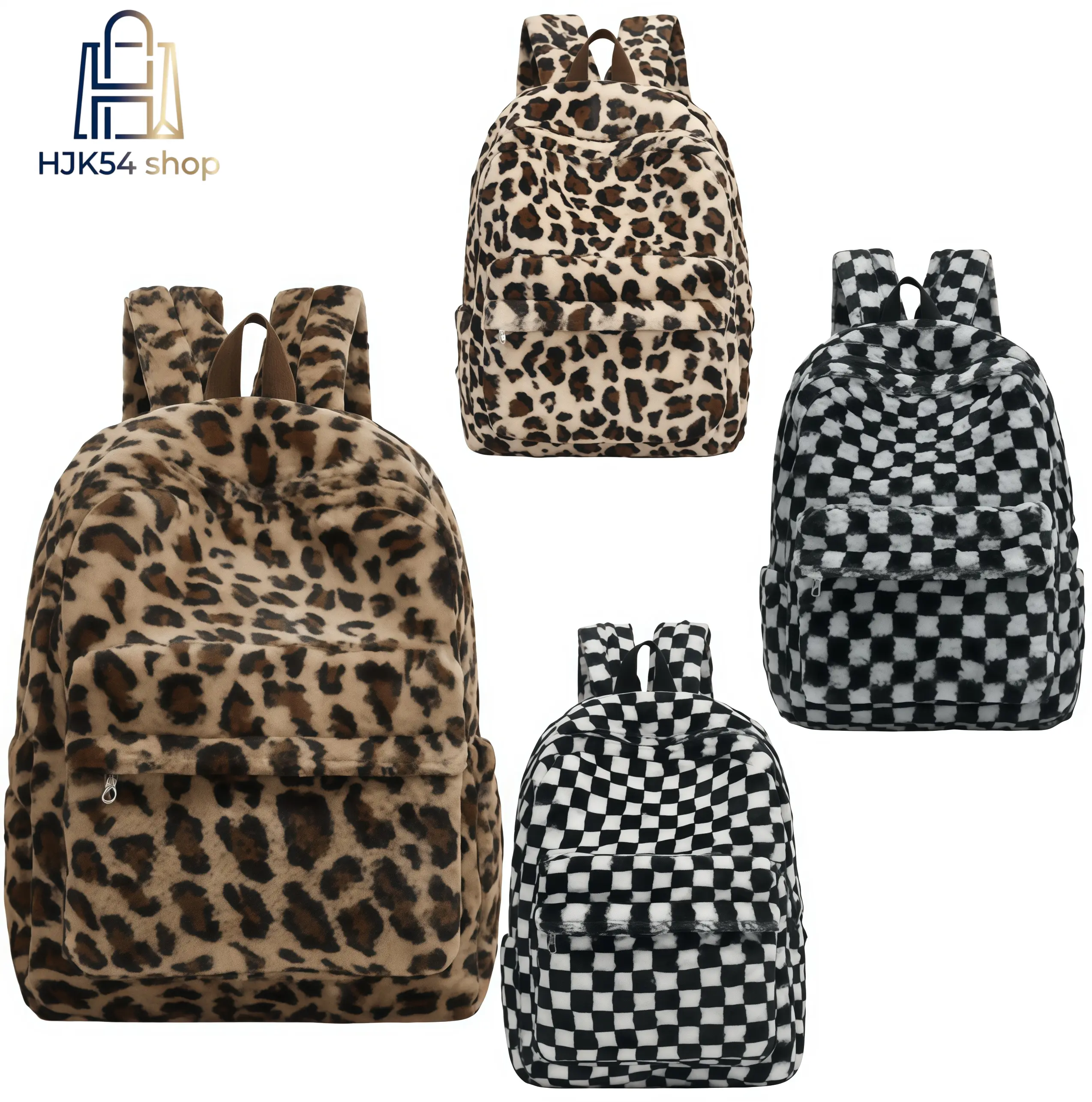 Fluffy Brown Leopard & Checkerboard Print Backpack - Stylish Casual Daypack, Soft Plush Gentle-on-Skin, Comfortable for Long Hours, Front Pocket Convenience for Students, Book Bags For School, Travelers, Backpack For College, Cozy, School Backpack