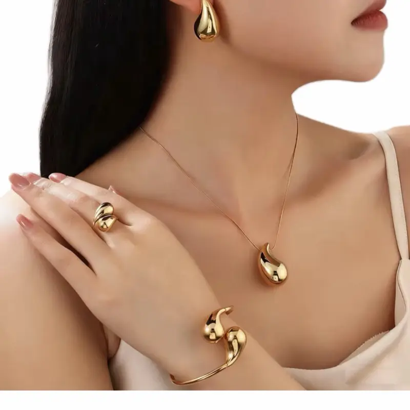 Gold Plated Waterproof Tarnish Free Tear Drops Necklace Set with Matching Earrings for Women