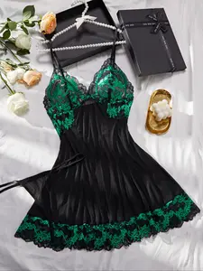 【Plus Size】 Lace Nightdress & Thong Sexy Nightwear, Women's Sleepwear & Loungewear Set for Romantic Night, Womenswear
