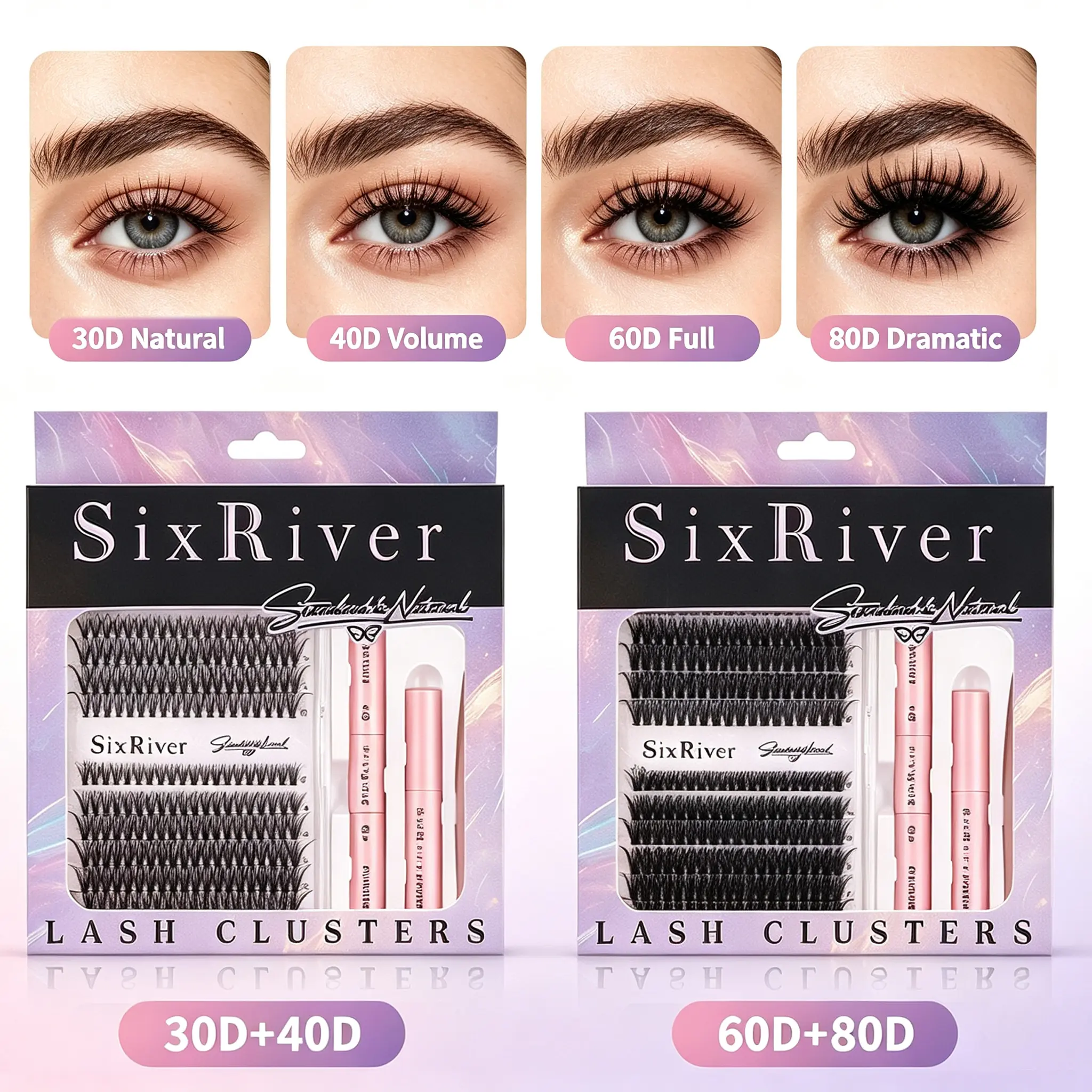 SixRiver DIY Cluster Lash Kit 30D Natural 40D Volume 60D Full 80D Dramatic Individual Eyelash Complete At Home Lash Extension Set with Lash Bond & Seal Remover and Tweezers Reusable Salon-Quality Lashes for Beginners Daily & Party Looks  dense