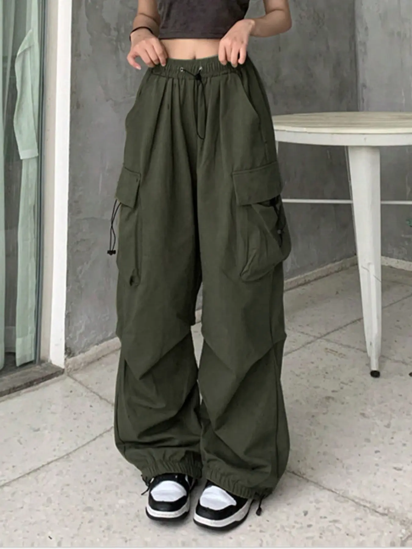 High Waist Wide Leg Flare Pants with Pockets, Elastic Loose Fit Everyday Workwear, Youth Y2K Kpop Style Jeans, Street Casual Wear for Dancing, Trouser, Womenswear