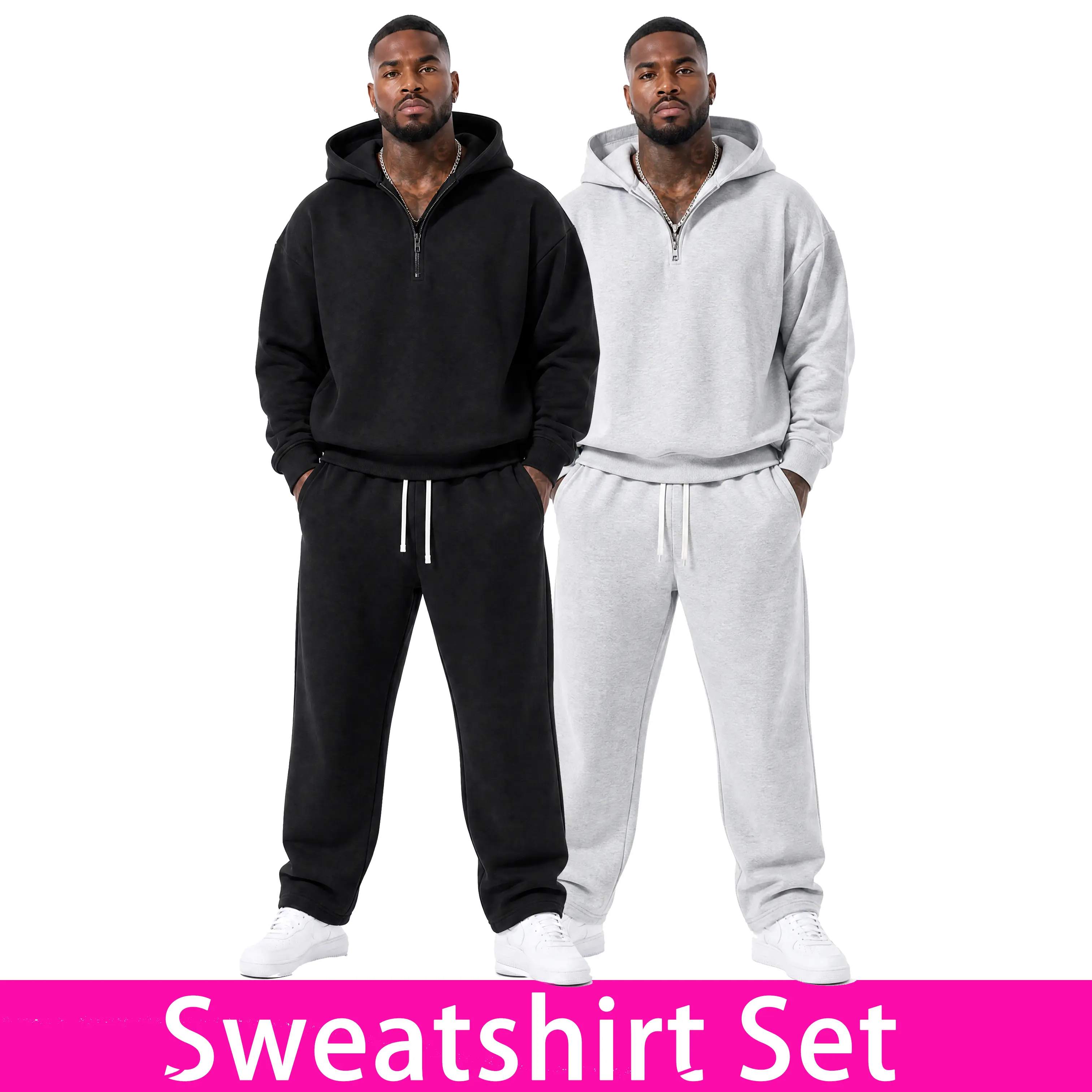 Men's Knitting Fitted Plain Zip-Up 2-Piece Set - Casual Long Sleeve Hoodie, Drawstring Pocket Sweatpants for Fall Winter Daily Wear, Cozy Airport Outfit