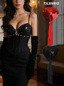 2 Pairs Heart-Shaped Sequin Tassel Nipple Pasties, Handmade with Exquisite Details, Available in Black & Red, Safe & Skin-Friendly Silicone, Anti-Protrusion, Perfect for Parties, Evening Gowns & Sensual Outfits, Shiny & Eye-Catching, Underwear