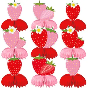 9 Pcs Strawberry Honeycomb Centerpieces Decorations Berry First Birthday Decorations Strawberry Table Centerpieces for Sweet Berry One Birthday Table Topper Summer Fruits Baby Shower Party Favor Supplies