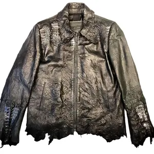 Kashani LUX Jet Black Raw Cut Alligator Lambskin Bomber Jacket