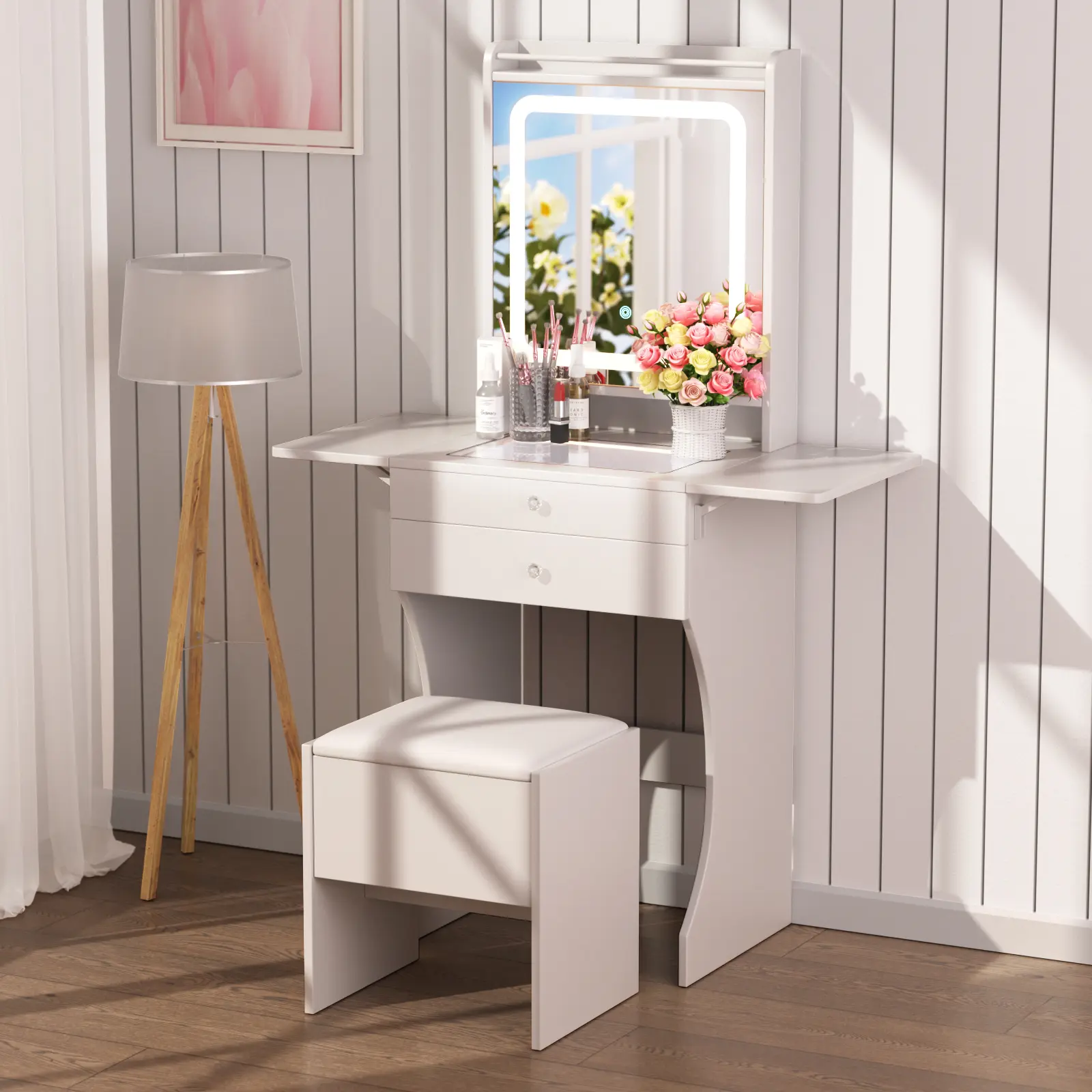 Makeup Vanity Set with LED Mirror, Stool, Foldable Side Tables, Compartmentalized Drawers, Tempered Glass Top, Compact Dressing Table for Small Bedrooms, White MDF, 15.75"W x 35.40"D x 55.90"H