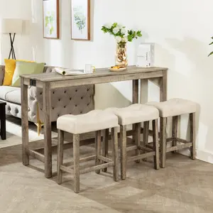 [Bellemave]4-Piece Bar Table Set with Power Outlet, Dining Bar Table and Chairs Set,Bar Table Set with 3 Padded Stools for Living Room, Dining Room, Game Room, Brown    RR