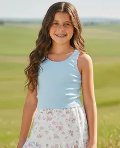 Flowers By Zoe Blue W/ Pink Stitch RIbbed Tank