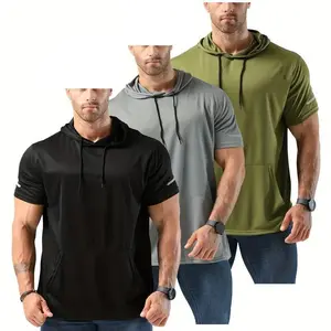 Men's 3 Pack Workout Shirts quick drying Moisture Wicking Short Sleeve Mesh Athletic T-Shirts  with Hoods