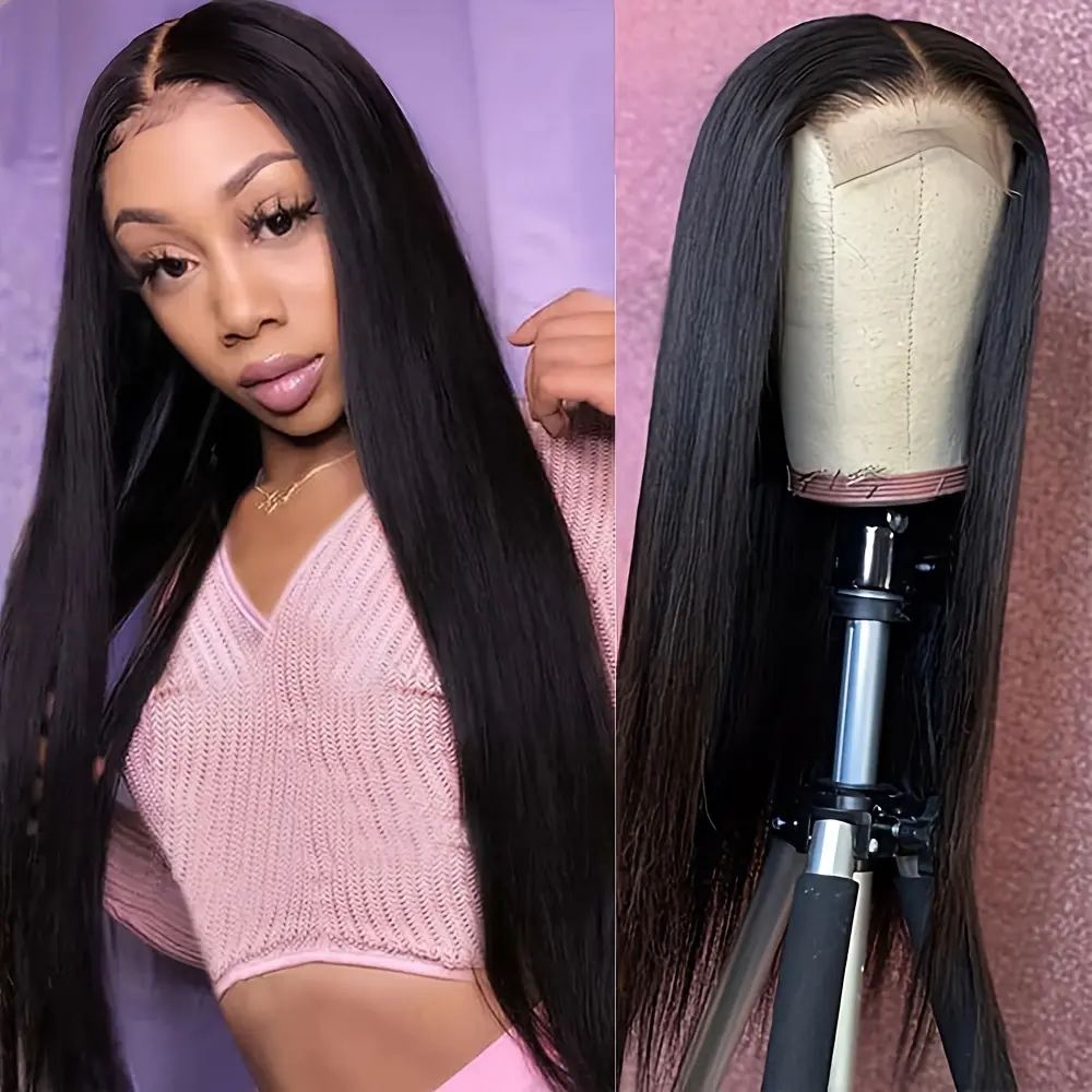 Bling Hair - Natural Straight 4x4 Lace Front Real Hair Wig For Women Pre Plucked 180 Density Natural Black Color (12-30 Inch)