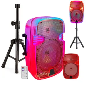 Portable Bluetooth Rechargeable 8" PA Speaker With Translucent Motion Party Lights Microphone Stand FM RED Wireless TWS Stereo