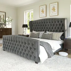 King Size Velvet Upholstered Platform Bed Frame with Wingback Headboard, Handmade Button Tufted & Nailhead Trim, Sturdy Wooden Slats Support, Grey