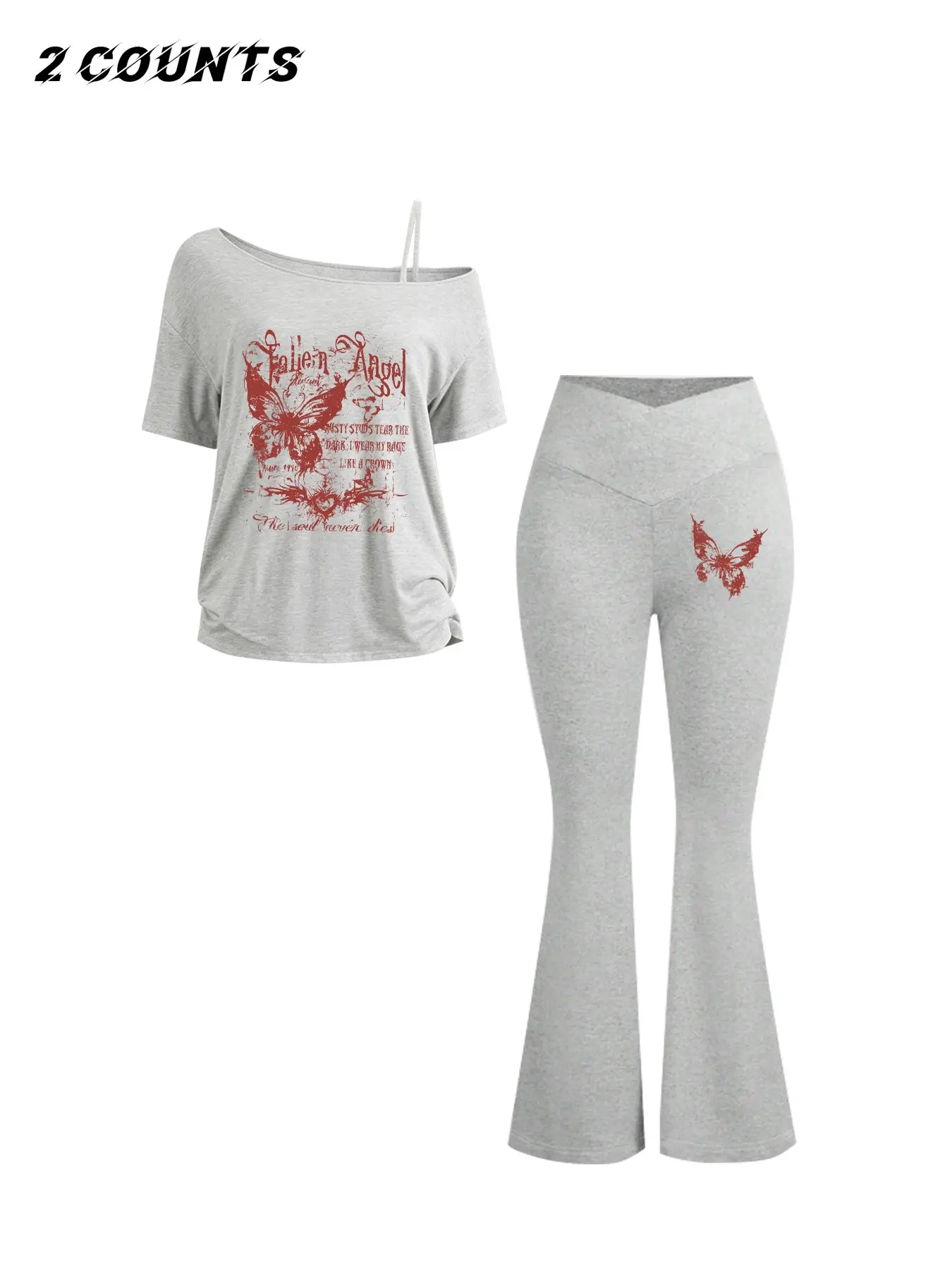 Y2K Gothic Style Vintage Print Asymmetrical Strap T-Shirt + High Waist Slim Fit Pants Bottom Set, Short Sleeve, All Seasons, Fashionable Clothes