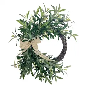 Artificial olive wreath, vintage spring olive, decorated with olive fruits and a bow, suitable for foyer decoration, indoor and outdoor wall-mounted home decoration, festival decoration, no feathers, no electricity.
