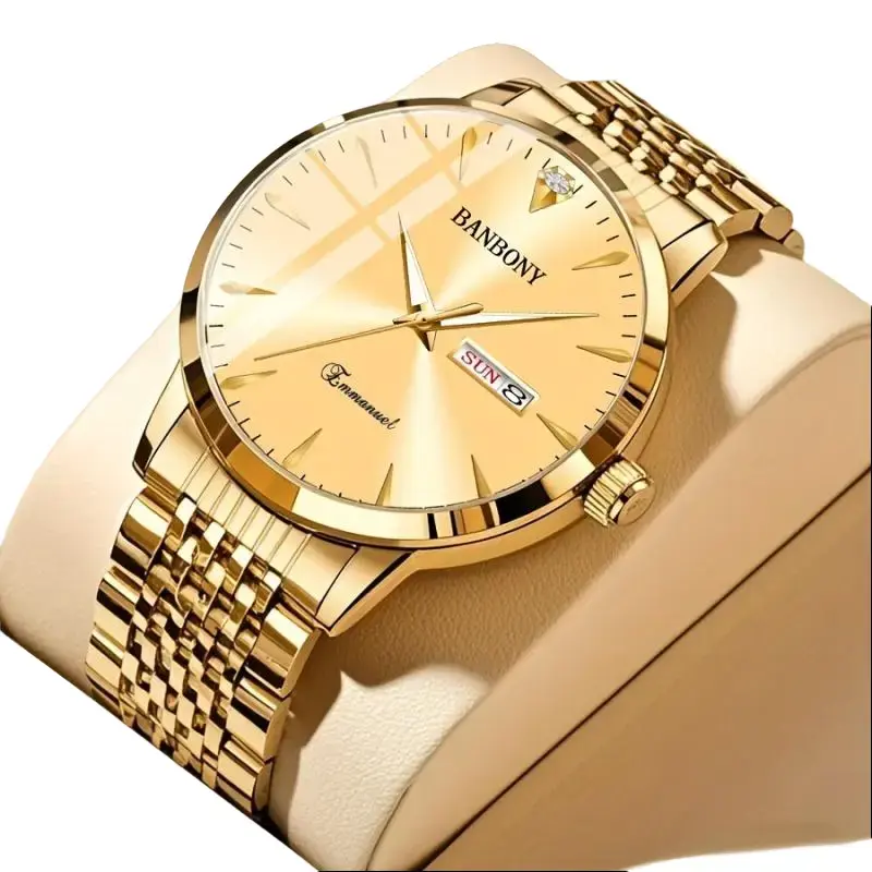 Unisex Elegant Round Stainless Steel Automatic Mechanical Watch - Gold Face, Distinct Pointers, Calendar Display, Battery-Free, Ideal for Formal & Daily Occasions (Party Gift Item)