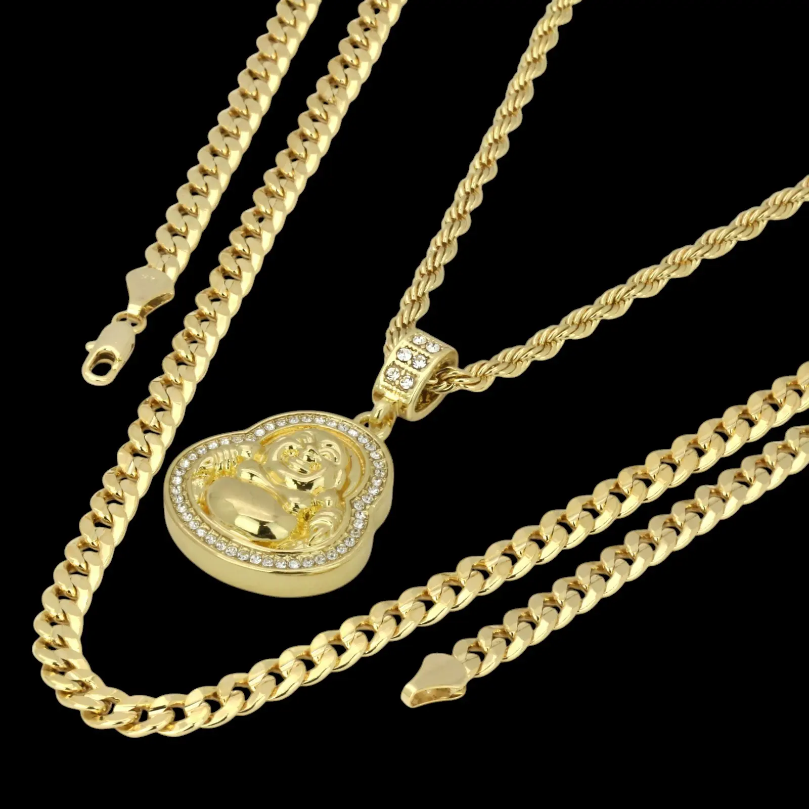 MaxBling81 Unisex Buddha Motif CZ Pendant Necklace Set, Includes Pendant, 24" Rope Chain & 7mm 30" 14K Stamped Brass Miami Cuban Hip Hop Chain, for Daily Wear Fashion Costume Jewelry, Chains Necklace, Gold Plated Necklaces