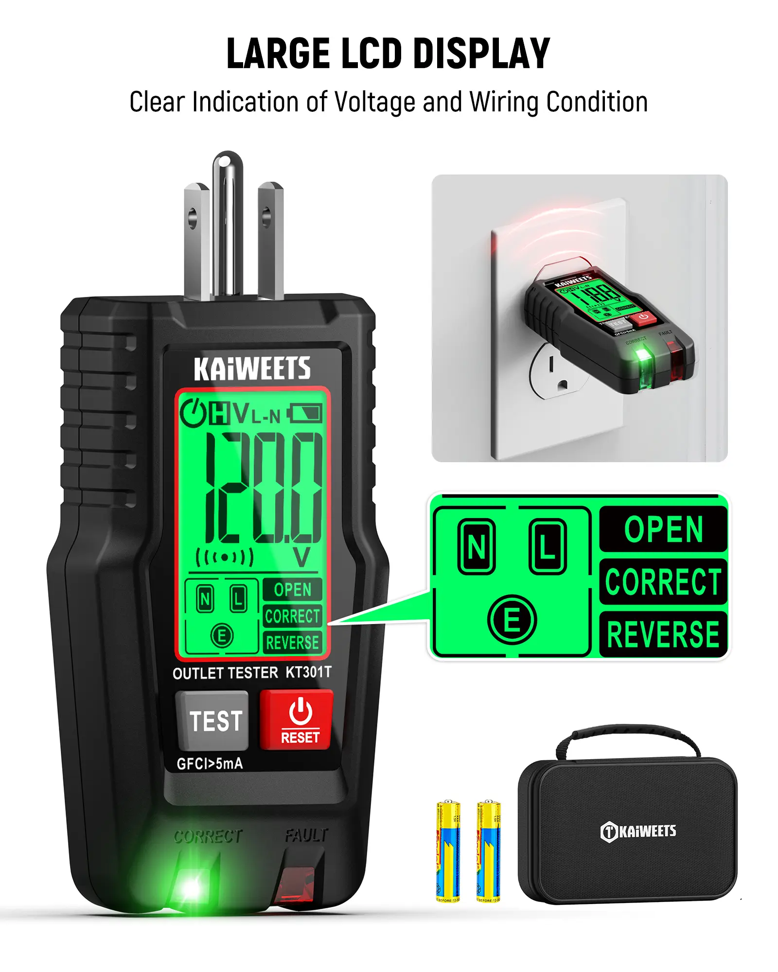Smart Electrical Outlet Tester with LCD Display, GFCI Circuit Tester with 6 Visual Indication, 3 Prong 120V AC Voltage Socket Checker, 7-Way Wiring Fault Detector, Auto Data Hold & Low Battery Alert, Essential for Homeowners & Electricians