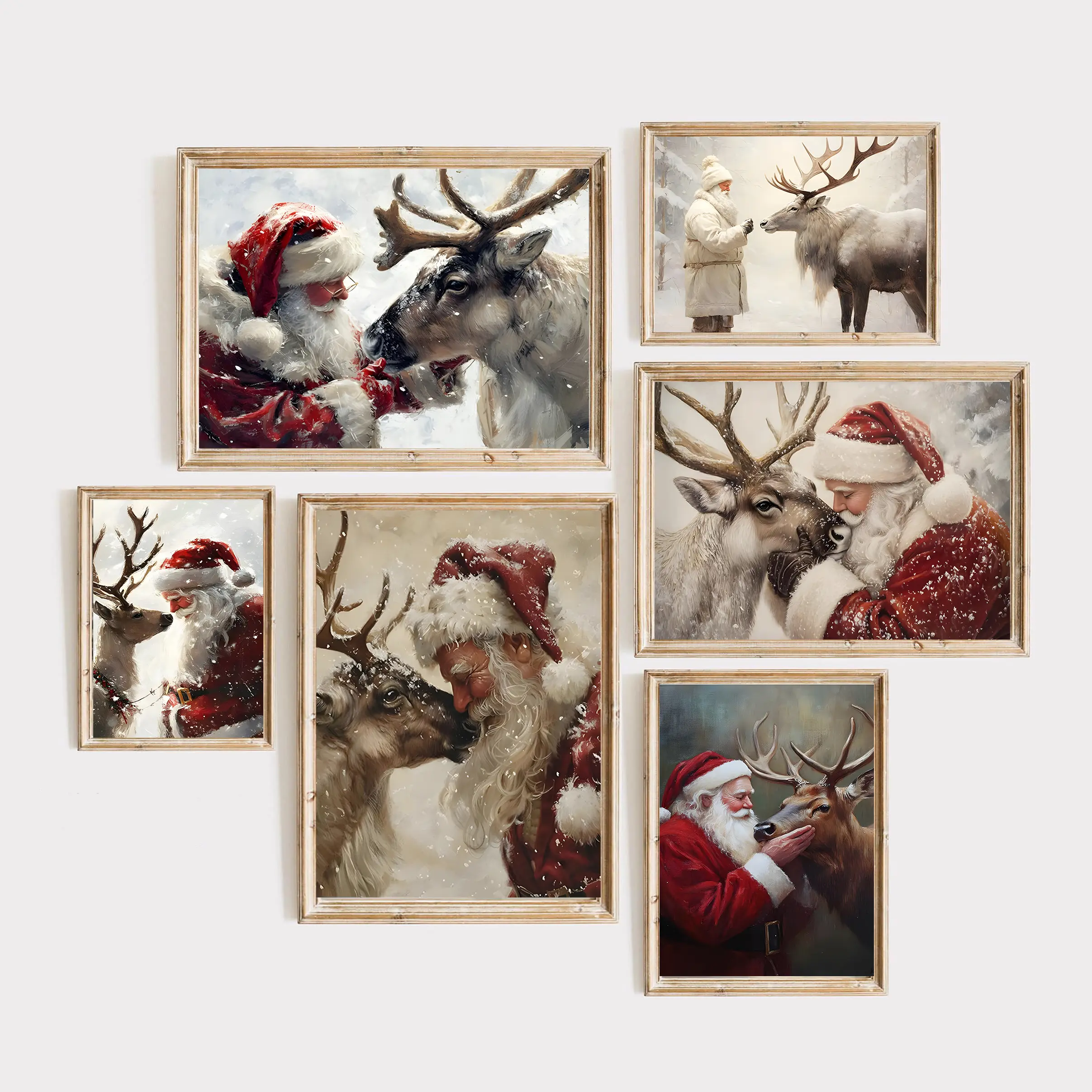 Retro Christmas Decorations Posters - Santa & Deer Artistic Animal Print, Rural-Style Frame-Ready Home Decor for Living Rooms, Holiday Festive Touch Fireplace Accents