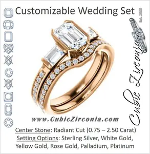 CZ Wedding Set, featuring The Naomi engagement ring (Customizable Bezel-set Radiant Cut Design with Dual Baguettes & Pavé Band)