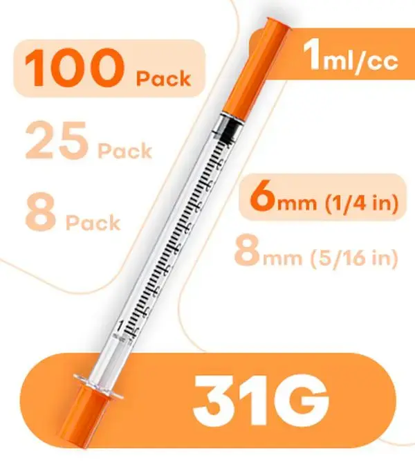25/100 Pack 1mL U-100 6mm Syringes with Needle, Precision Liquid Dispensing Tools | Individually Packed With Clear Scale Markings, Lab & Camping Essentials, 31G