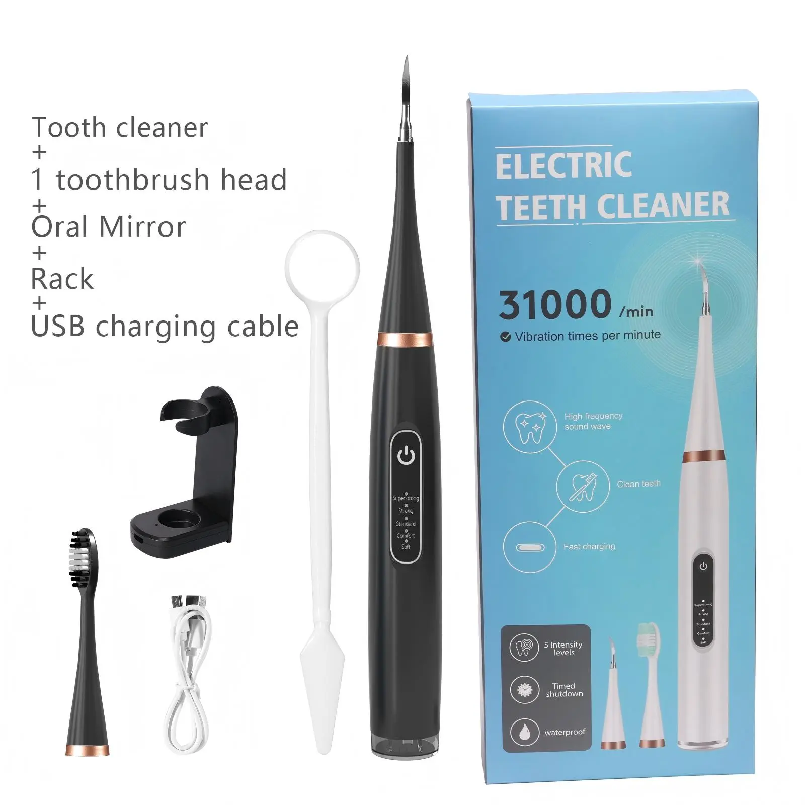 Oral Flosser Tartar Remover for Teeth - Adjustable Dental Cleaning Kit with LED Light, USB, 5 Modes, IPX6 Waterproof, Silent Sonic for Home Use