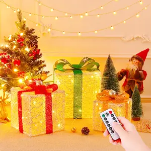 3 Pack Christmas Lighted Gift Boxes with Remote, Pre-lit Lights Gold Linen Cloth Gift Boxes, Light up Present Boxes Set Battery Operated with Different Sizes for Christmas Holiday Indoor Outdoor Decorations (Silver Thread) - Valentine's Day Gift For Lover